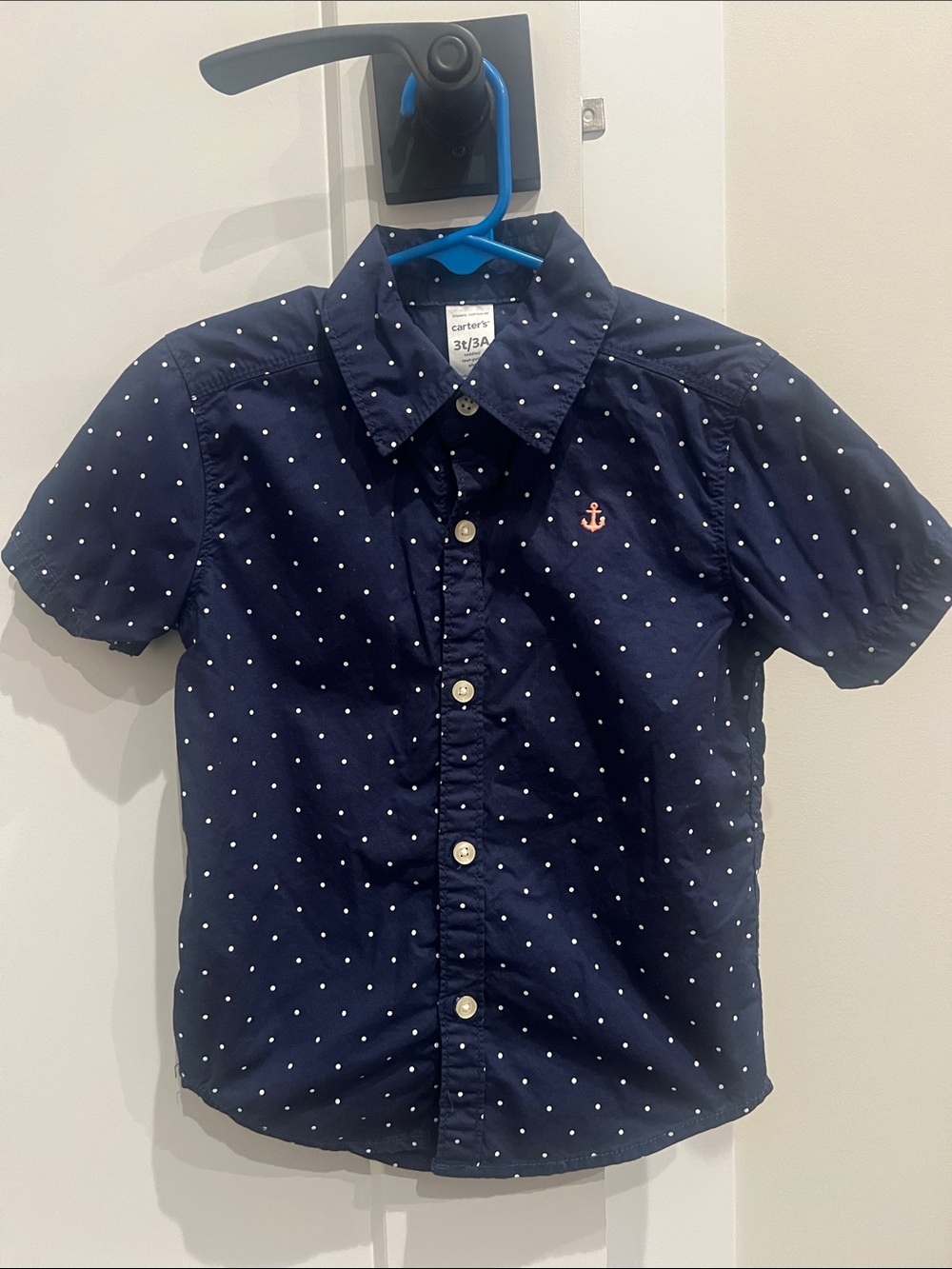 Carter's Navy Short-Sleeve Button-Up Shirt with White Dots and Pink Anchor